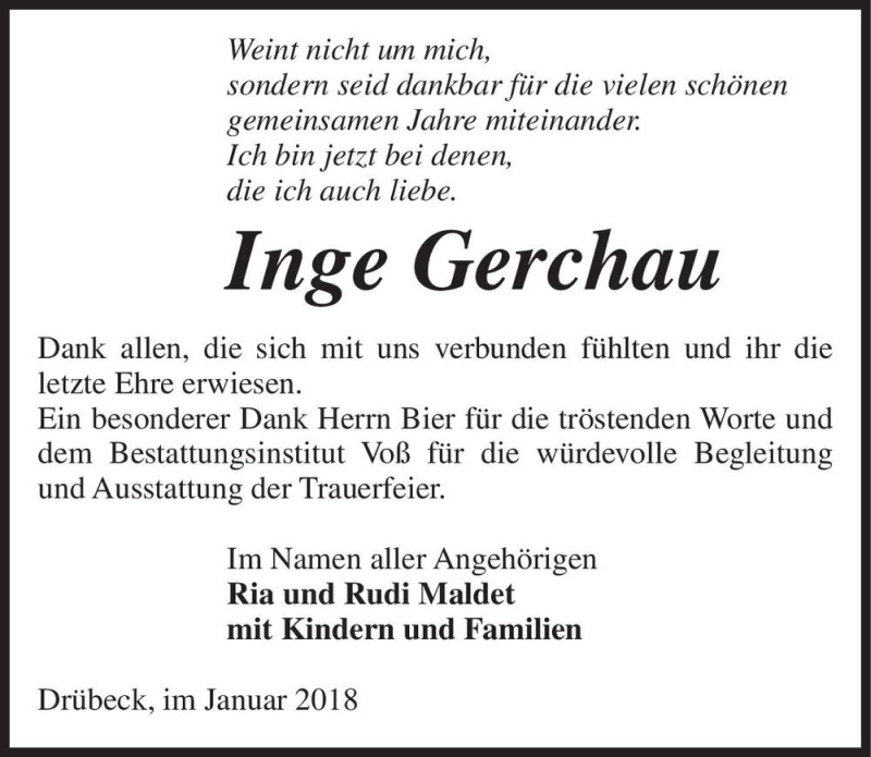 Traueranzeige für Inge Gerchau  vom 06.02.2018 aus Magdeburger Volksstimme
