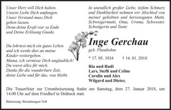 Traueranzeige von Inge Gerchau (geb. Plumbohm)  von Magdeburger Volksstimme