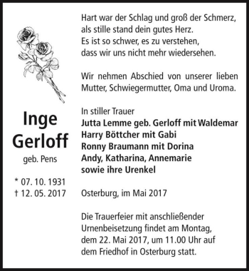 Traueranzeige von Inge Gerloff (geb. Pens)  von Magdeburger Volksstimme