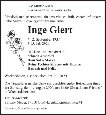 Traueranzeige von Inge Giert  von Magdeburger Volksstimme