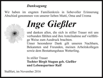 Traueranzeige von Inge Gießler  von Magdeburger Volksstimme