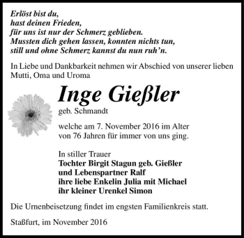Traueranzeige von Inge Gießler (geb. Schmandt)  von Magdeburger Volksstimme