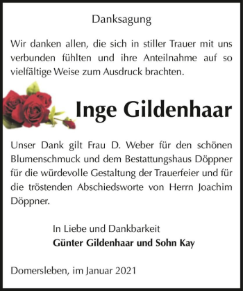 Traueranzeige von Inge Gildenhaar  von Magdeburger Volksstimme