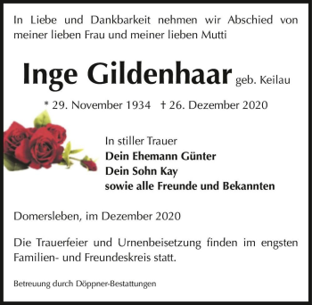 Traueranzeige von Inge Gildenhaar (geb. Keilau)  von Magdeburger Volksstimme