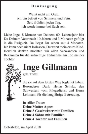 Traueranzeige von Inge Gillmann (geb. Trittel)  von Magdeburger Volksstimme