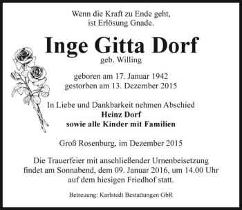 Traueranzeige von Inge Gitta Dorf (geb. Willing)  von Magdeburger Volksstimme