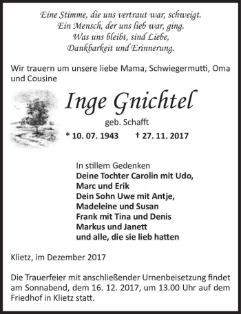 Traueranzeige von Inge Gnichtel (geb. Schafft)  von Magdeburger Volksstimme
