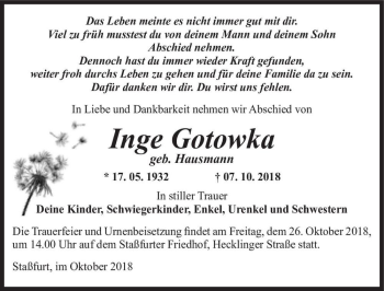 Traueranzeige von Inge Gotowka (geb. Hausmann)  von Magdeburger Volksstimme