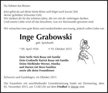 Traueranzeige von Inge Grabowski (geb. Spitzbarth)  von Magdeburger Volksstimme