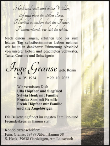 Traueranzeige von Inge Granse  von Magdeburger Volksstimme