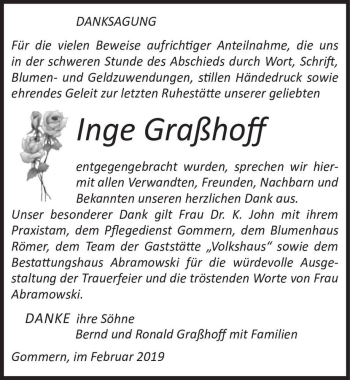 Traueranzeige von Inge Graßhoff  von Magdeburger Volksstimme