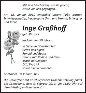 Traueranzeige von Inge Graßhoff (geb. Walzick)  von Magdeburger Volksstimme