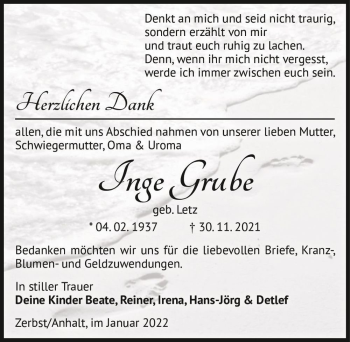 Traueranzeige von Inge Grube (geb. Letz)  von Magdeburger Volksstimme