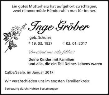 Traueranzeige von Inge Gröber (geb. Schulze)  von Magdeburger Volksstimme