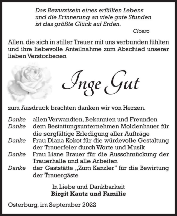 Traueranzeige von Inge Gut  von Magdeburger Volksstimme