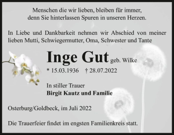 Traueranzeige von Inge Gut (geb. Wilke)  von Magdeburger Volksstimme