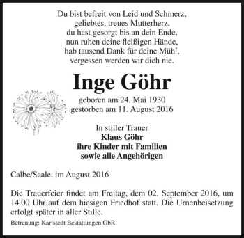 Traueranzeige von Inge Göhr  von Magdeburger Volksstimme
