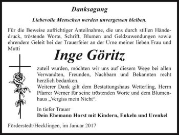 Traueranzeige von Inge Göritz  von Magdeburger Volksstimme