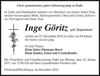 Traueranzeige von Inge Göritz (geb. Tangermann)  von Magdeburger Volksstimme