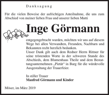 Traueranzeige von Inge Görmann  von Magdeburger Volksstimme