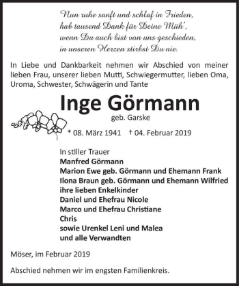 Traueranzeige von Inge Görmann (geb. Garske)  von Magdeburger Volksstimme