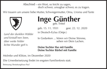 Traueranzeige von Inge Günther (geb. Trittel)  von Magdeburger Volksstimme