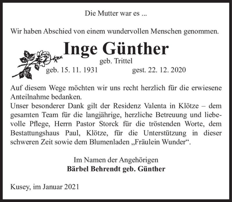  Traueranzeige für Inge Günther (geb. Trittel)  vom 26.01.2021 aus Magdeburger Volksstimme