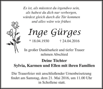 Traueranzeige von Inge Gürges  von Magdeburger Volksstimme