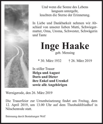 Traueranzeige von Inge Haake (geb. Mensing)  von Magdeburger Volksstimme