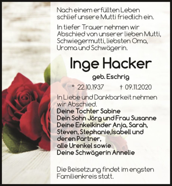 Traueranzeige von Inge Hacker (geb. Eschrig)  von Magdeburger Volksstimme