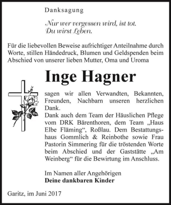 Traueranzeige von Inge Hagner  von Magdeburger Volksstimme