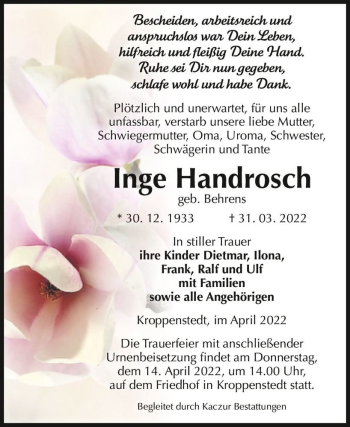 Traueranzeige von Inge Handrosch (geb. Behrens)  von Magdeburger Volksstimme