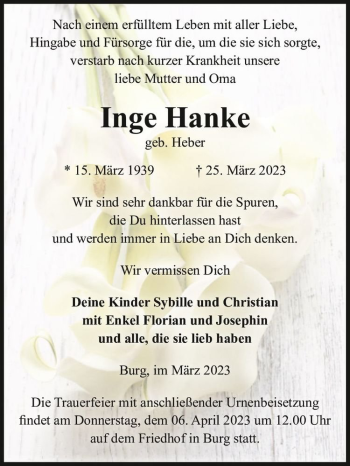Traueranzeige von Inge Hanke (geb. Heber)  von Magdeburger Volksstimme
