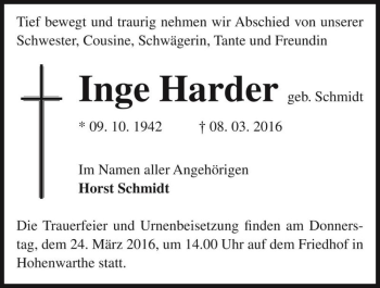 Traueranzeige von Inge Harder (geb. Schmidt)  von Magdeburger Volksstimme