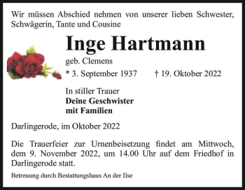 Traueranzeige von Inge Hartmann (geb. Clemens)  von Magdeburger Volksstimme