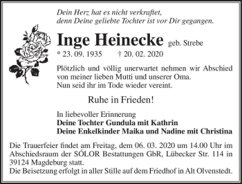 Traueranzeige von Inge Heinecke (geb. Strebe)  von Magdeburger Volksstimme