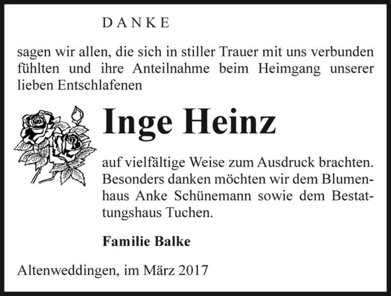  Traueranzeige für Inge Heinz  vom 30.03.2017 aus Magdeburger Volksstimme
