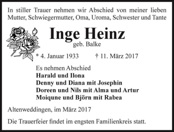 Traueranzeige von Inge Heinz (geb. Balke)  von Magdeburger Volksstimme