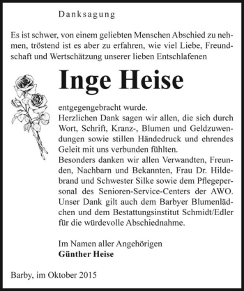 Traueranzeige von Inge Heise  von Magdeburger Volksstimme