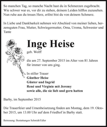 Traueranzeige von Inge Heise (geb. Wolff)  von Magdeburger Volksstimme