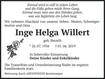 Traueranzeige von Inge Helga Willert (geb. Petrelli)  von Magdeburger Volksstimme