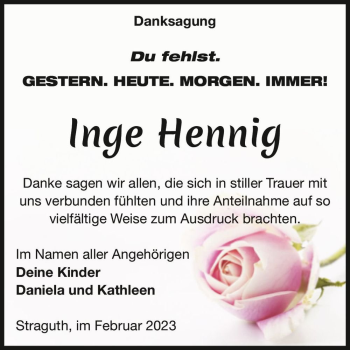 Traueranzeige von Inge Hennig  von Magdeburger Volksstimme