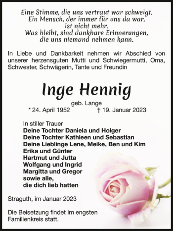 Traueranzeige von Inge Hennig (geb. Lange)  von Magdeburger Volksstimme