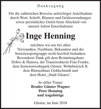 Traueranzeige von Inge Henning  von Magdeburger Volksstimme