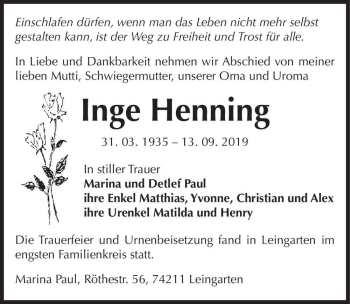 Traueranzeige von Inge Henning  von Magdeburger Volksstimme