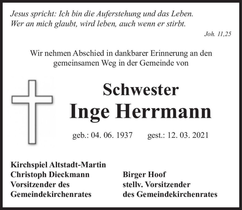  Traueranzeige für Inge Herrmann  vom 20.03.2021 aus Magdeburger Volksstimme