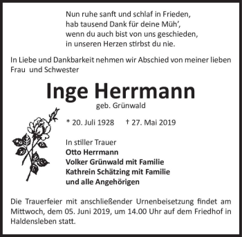 Traueranzeige von Inge Herrmann (geb. Grünwald)  von Magdeburger Volksstimme