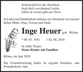 Traueranzeige von Inge Heuer (geb. Wellna)  von Magdeburger Volksstimme