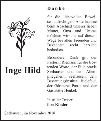 Traueranzeige von Inge Hild  von Magdeburger Volksstimme