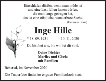 Traueranzeige von Inge Hille  von Magdeburger Volksstimme